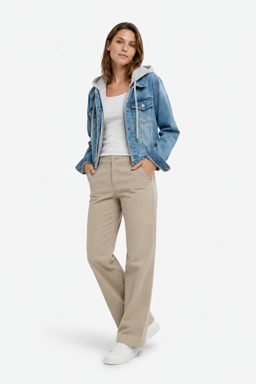 VALERIQUE | Veste en Jean à Capuche pour Femme – Fermeture Boutonnée Capuche Superposée et Poches
