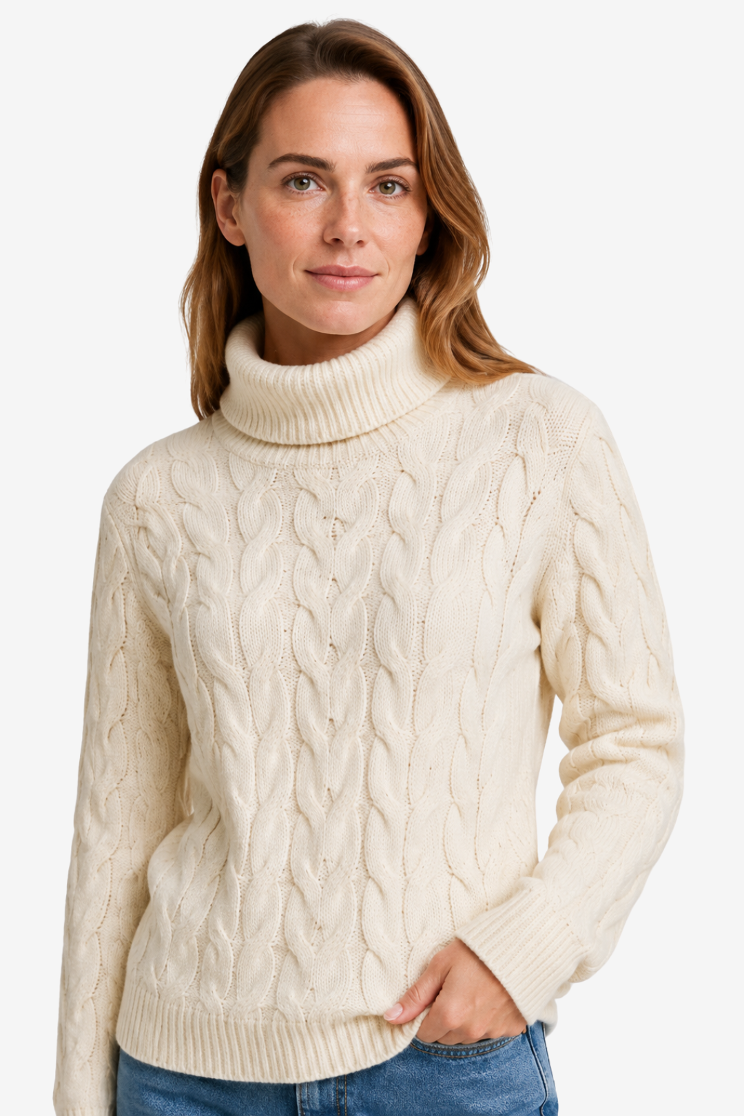 NOMU | Pull col roulé pour femme – Maille torsadée et finitions côtelées