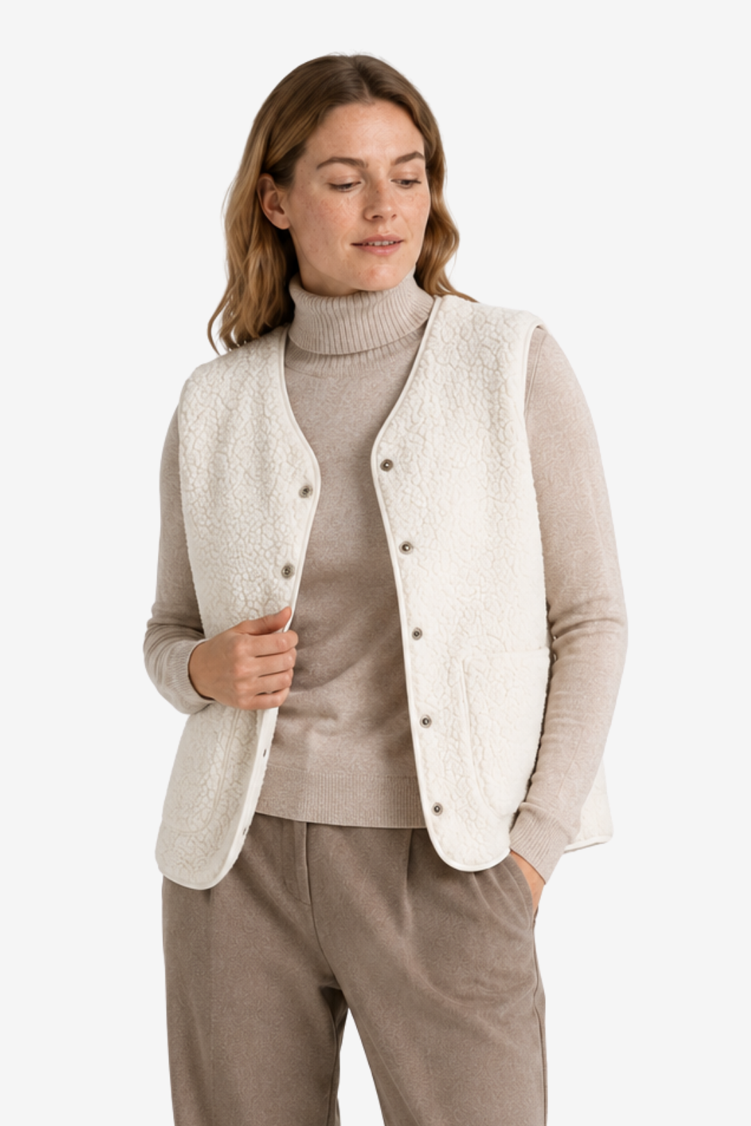 VALERIQUE | Gilet sans manches boutonné pour femme – Finition polaire texturée avec poches plaquées