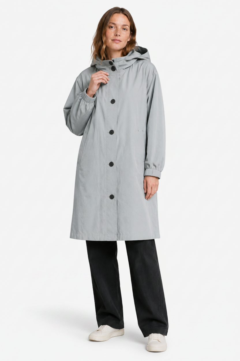 VALERIQUE | Imperméable à capuche pour femme – Coupe longue, boutonnage sur le devant et design décontracté