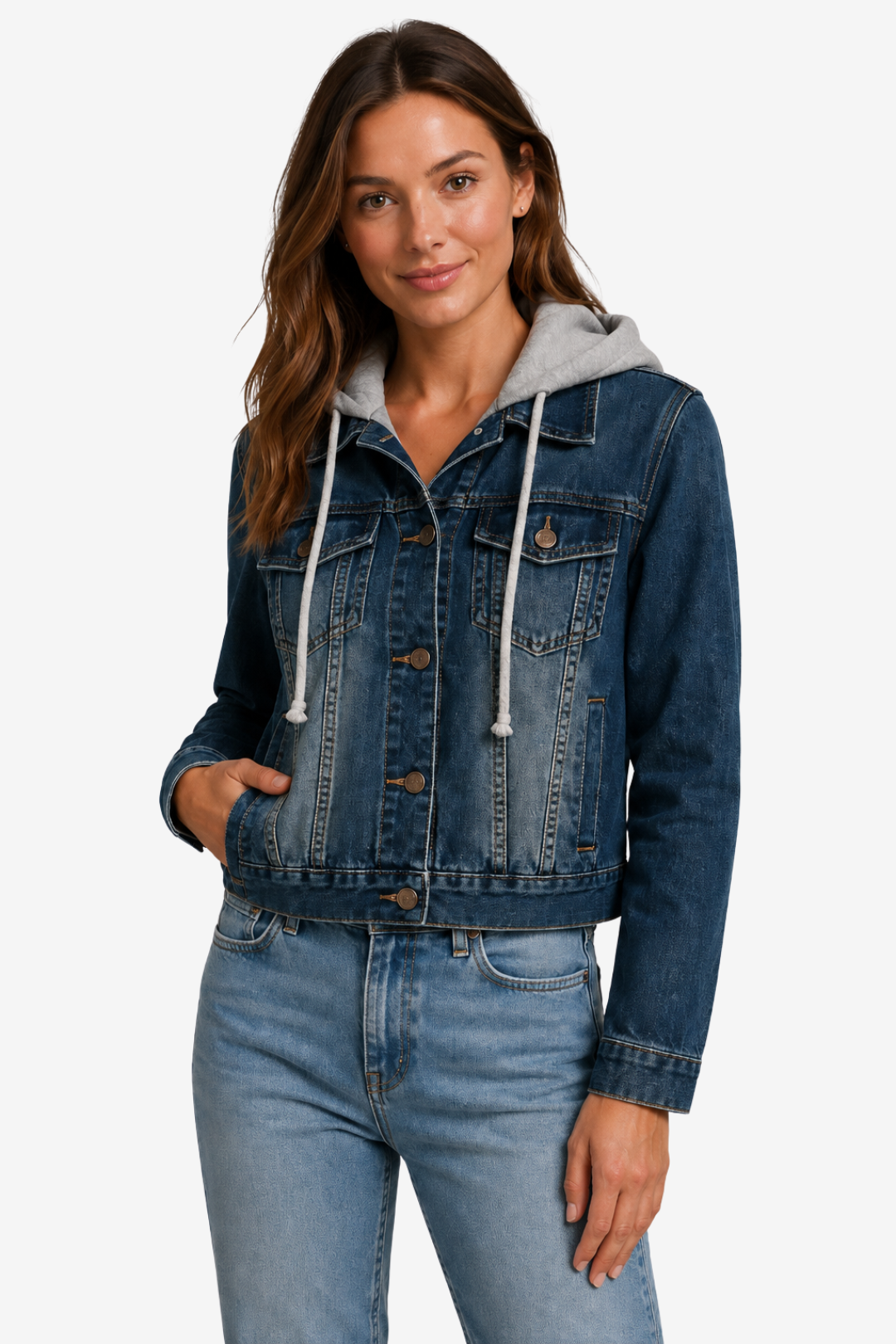 VALERIQUE | Veste en Jean à Capuche pour Femme – Fermeture Boutonnée Capuche Superposée et Poches