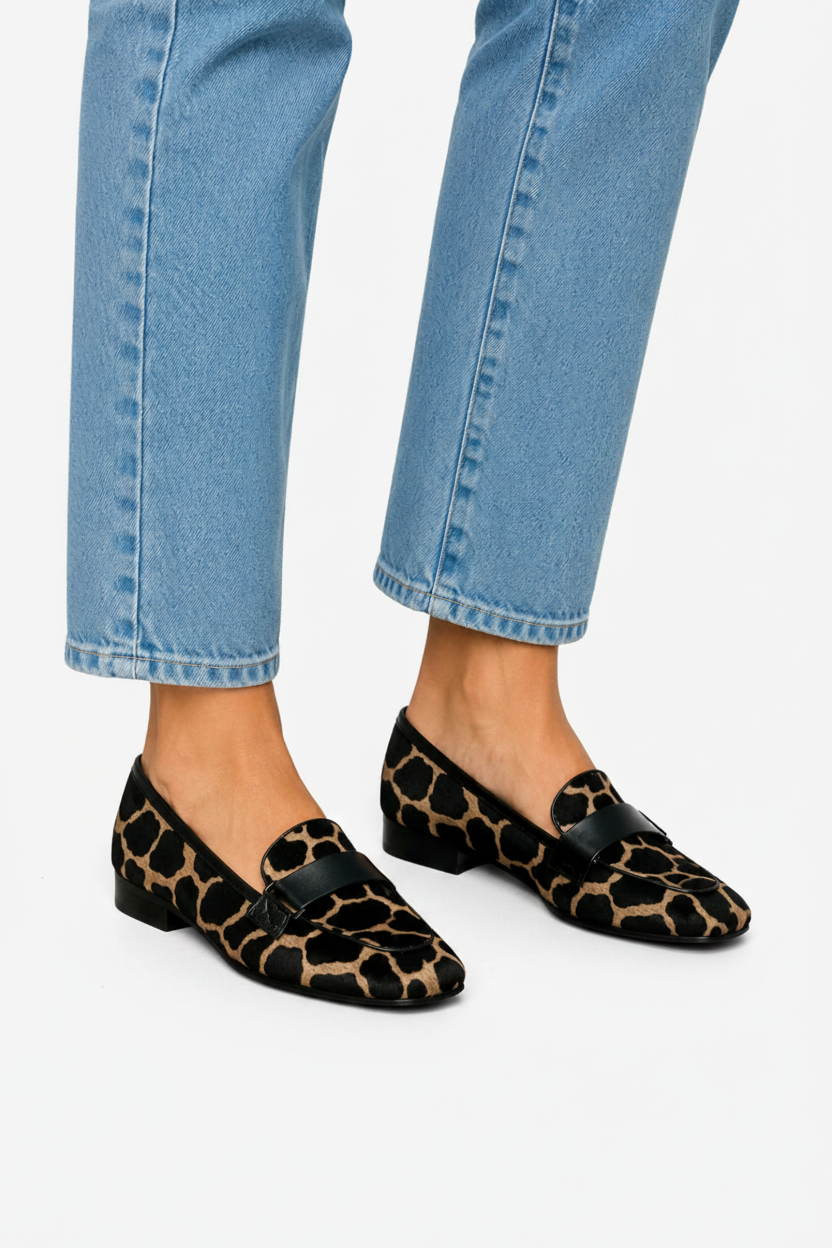 VALERIQUE | Mocassins Femme à Imprimé Animal – Modèle à Enfiler avec Petit Talon Bloc