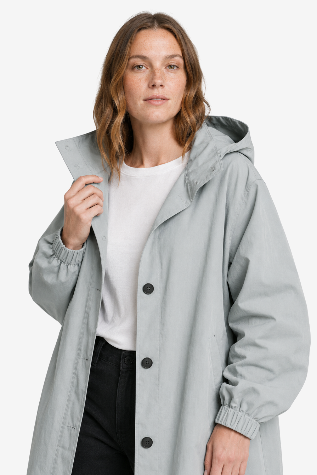 VALERIQUE | Imperméable à capuche pour femme – Coupe longue, boutonnage sur le devant et design décontracté
