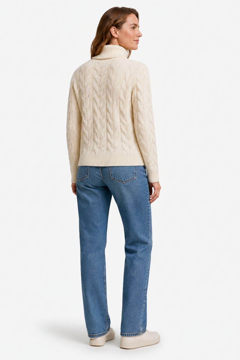 NOMU | Pull col roulé pour femme – Maille torsadée et finitions côtelées