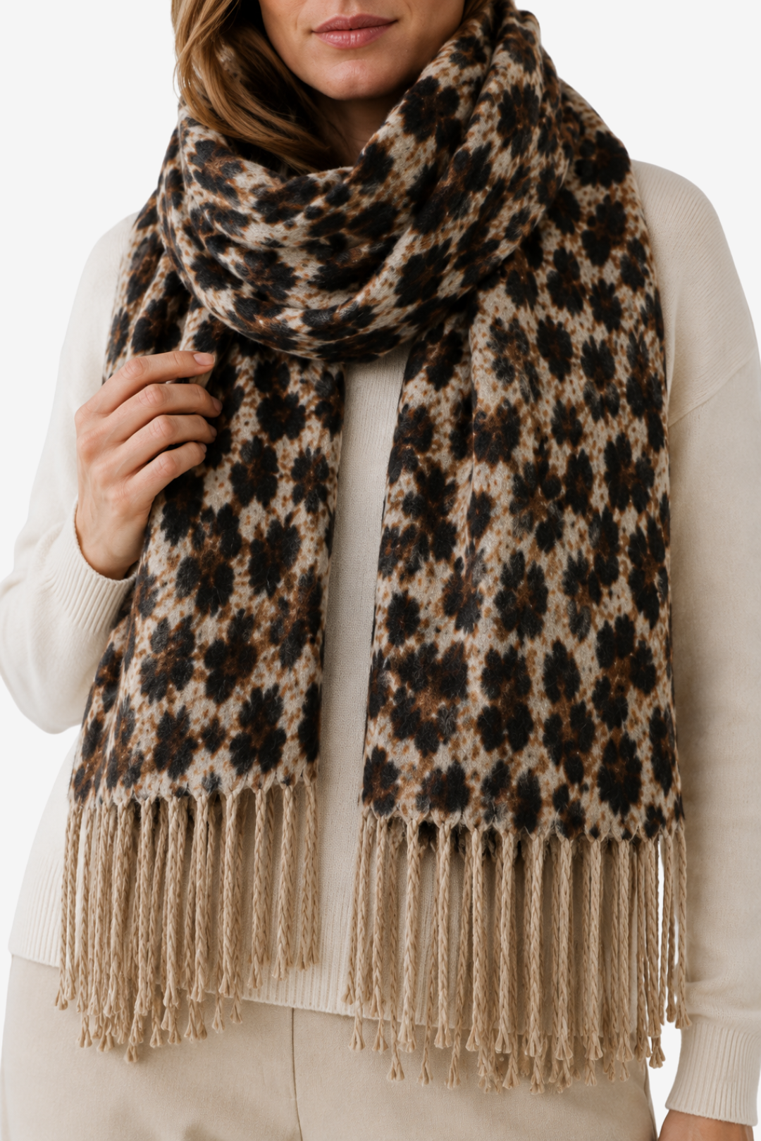 VALERIQUE | Écharpe en Maille pour Femme – Motif Léopard et Finitions à Franges