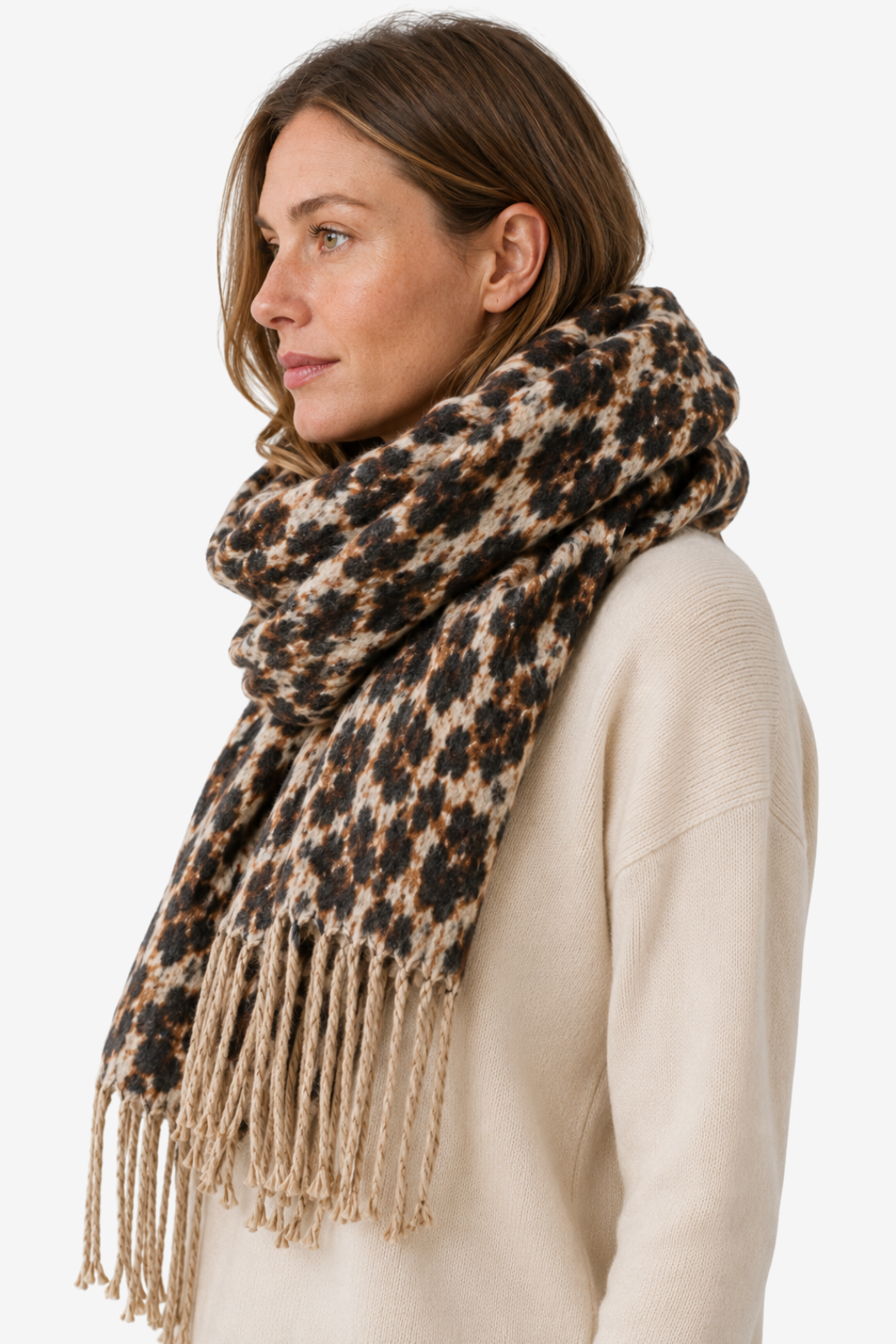 VALERIQUE | Écharpe en Maille pour Femme – Motif Léopard et Finitions à Franges