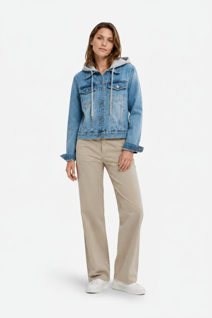 VALERIQUE | Veste en Jean à Capuche pour Femme – Fermeture Boutonnée Capuche Superposée et Poches
