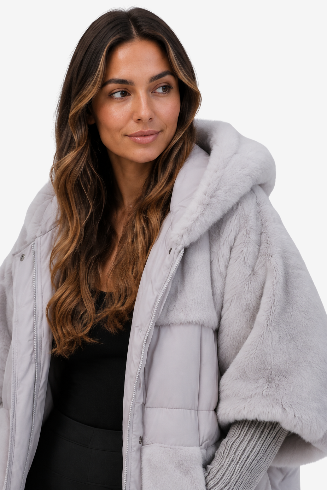 VALERIQUE | Cape longue matelassée pour femme – Col en fausse fourrure et poignets en maille côtelée