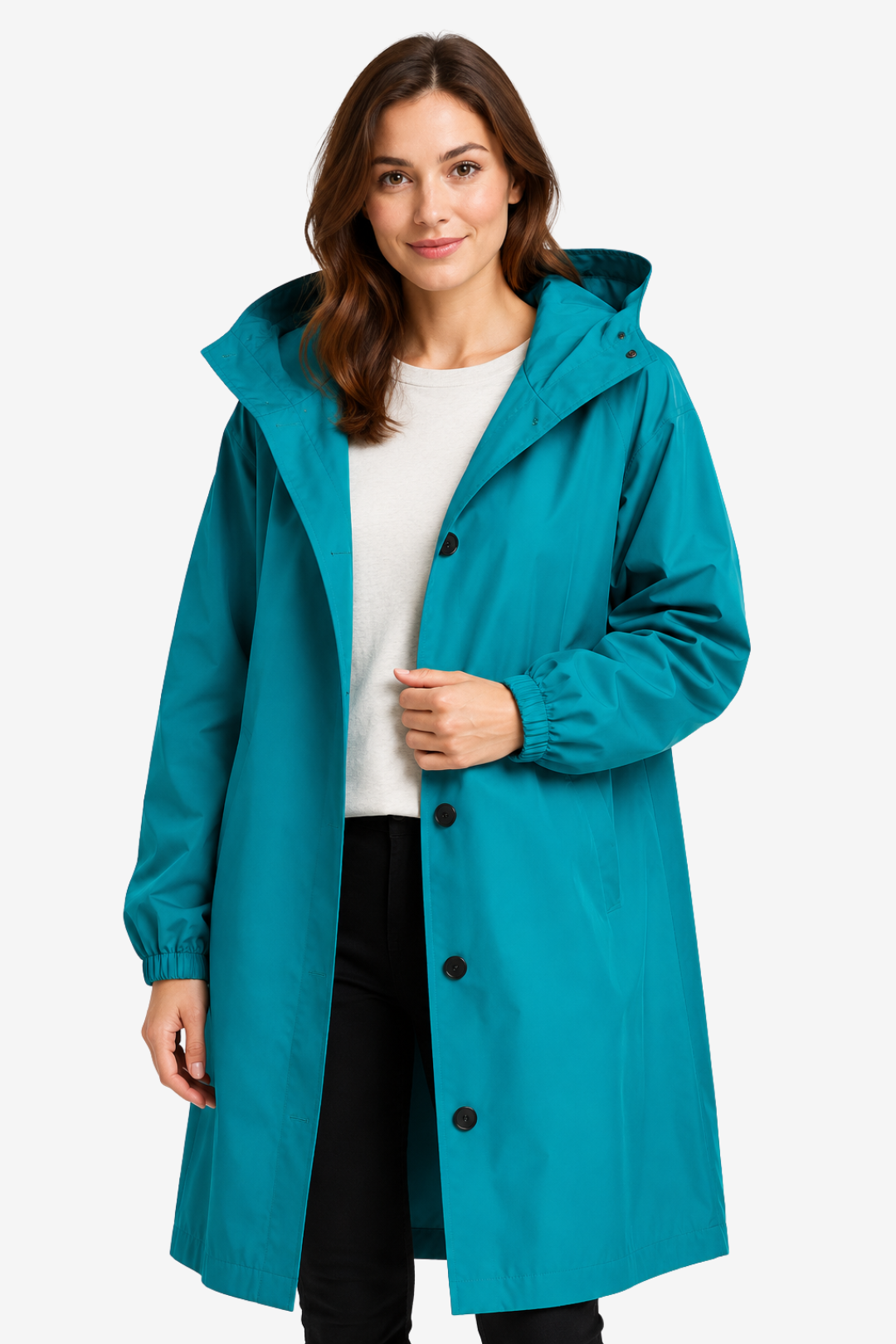 VALERIQUE | Imperméable à capuche pour femme – Coupe longue, boutonnage sur le devant et design décontracté