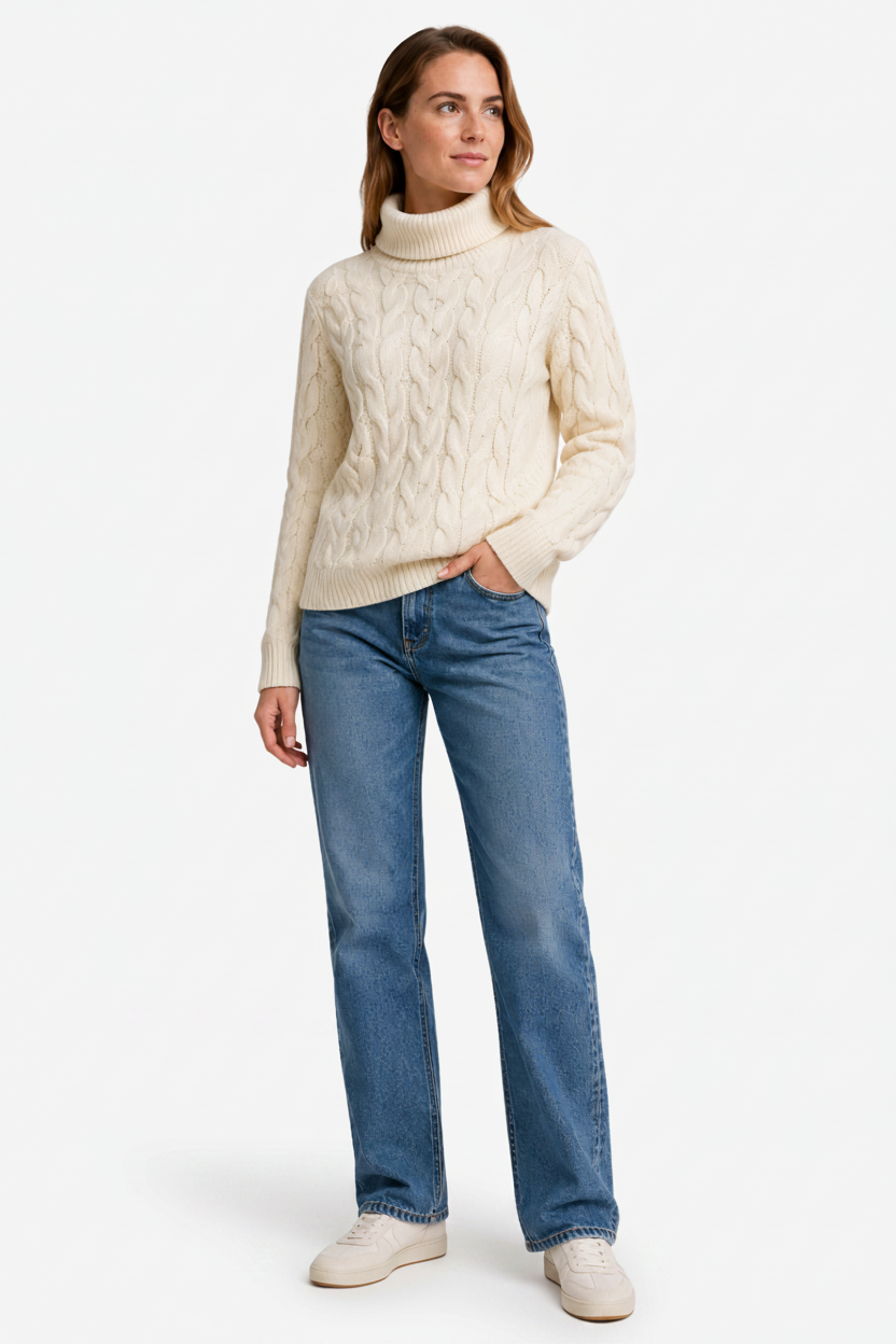 NOMU | Pull col roulé pour femme – Maille torsadée et finitions côtelées