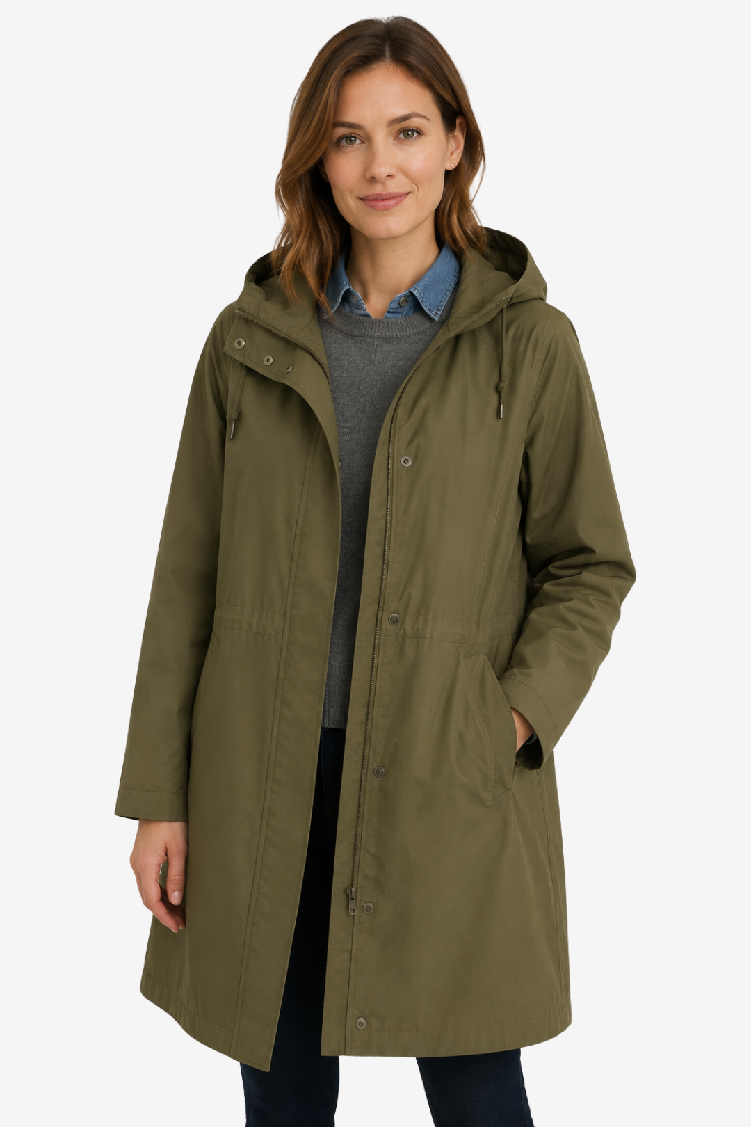 VALERIQUE | Imperméable à capuche pour femme – Coupe longue, boutonnage sur le devant et design décontracté