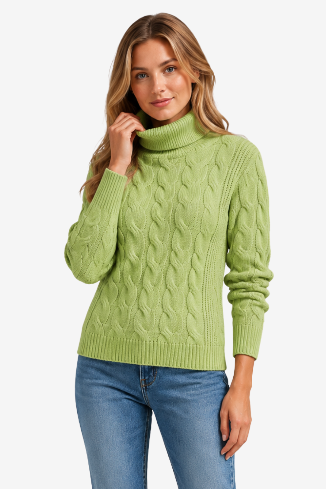 NOMU | Pull col roulé pour femme – Maille torsadée et finitions côtelées