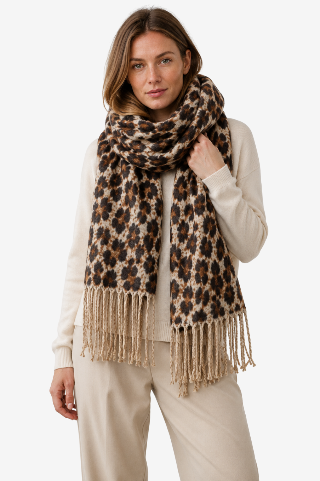 VALERIQUE | Écharpe en Maille pour Femme – Motif Léopard et Finitions à Franges