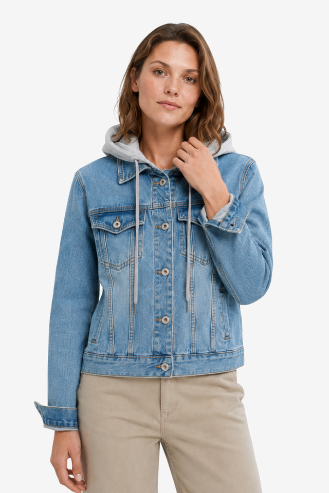 VALERIQUE | Veste en Jean à Capuche pour Femme – Fermeture Boutonnée Capuche Superposée et Poches