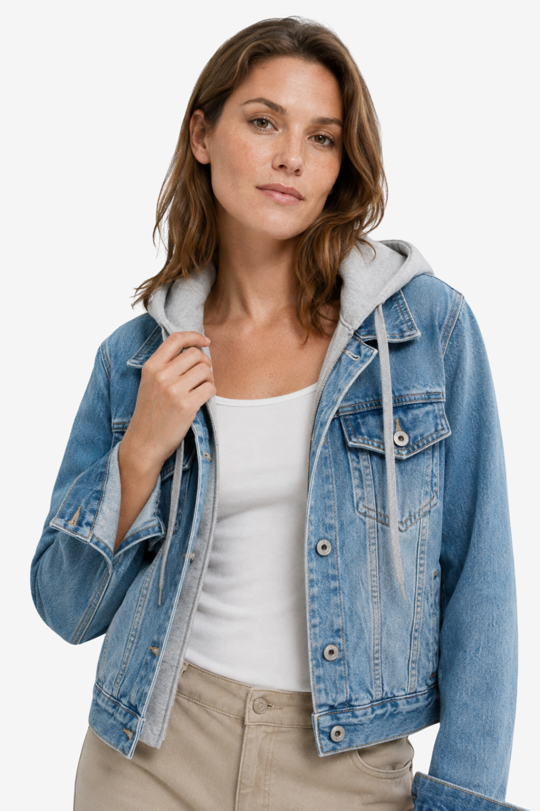 VALERIQUE | Veste en Jean à Capuche pour Femme – Fermeture Boutonnée Capuche Superposée et Poches
