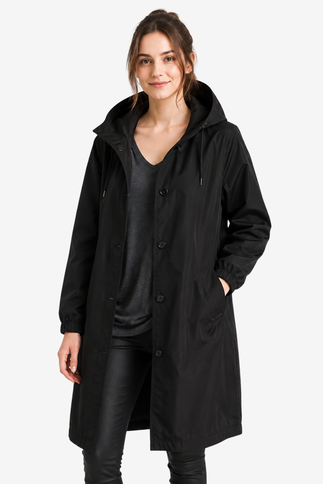 VALERIQUE | Imperméable à capuche pour femme – Coupe longue, boutonnage sur le devant et design décontracté