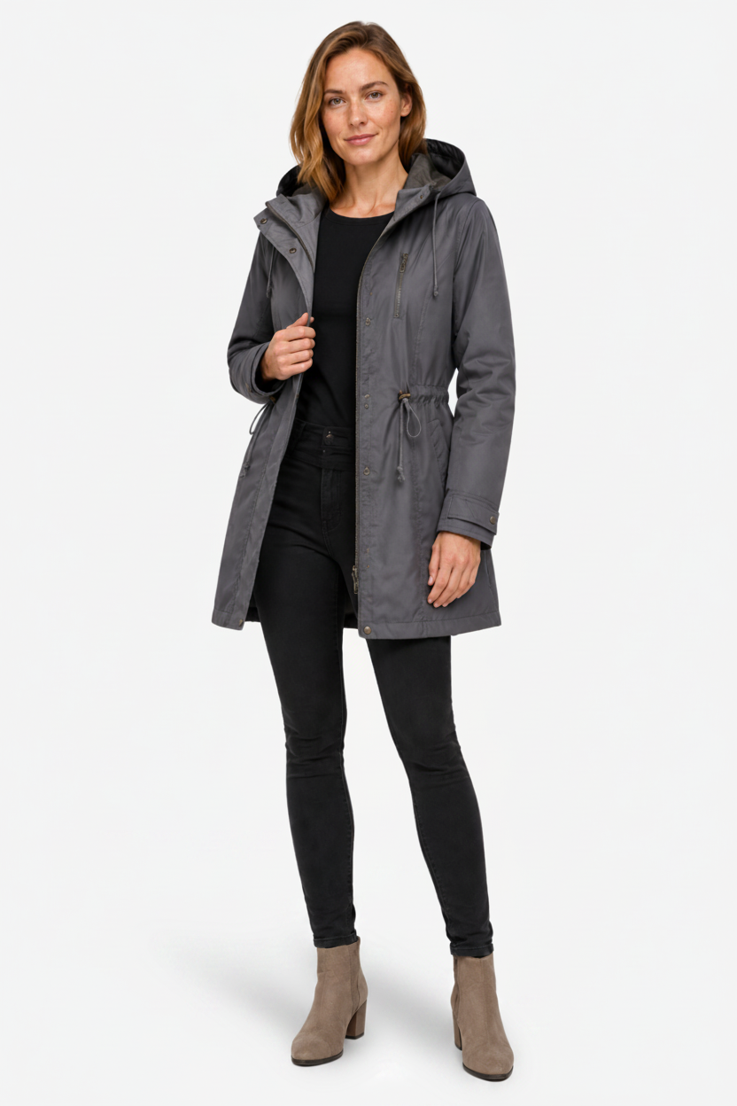 VALERIQUE | Parka Femme Doublée à Capuche – Fermeture Zippée Taille Ajustable Coupe Longue