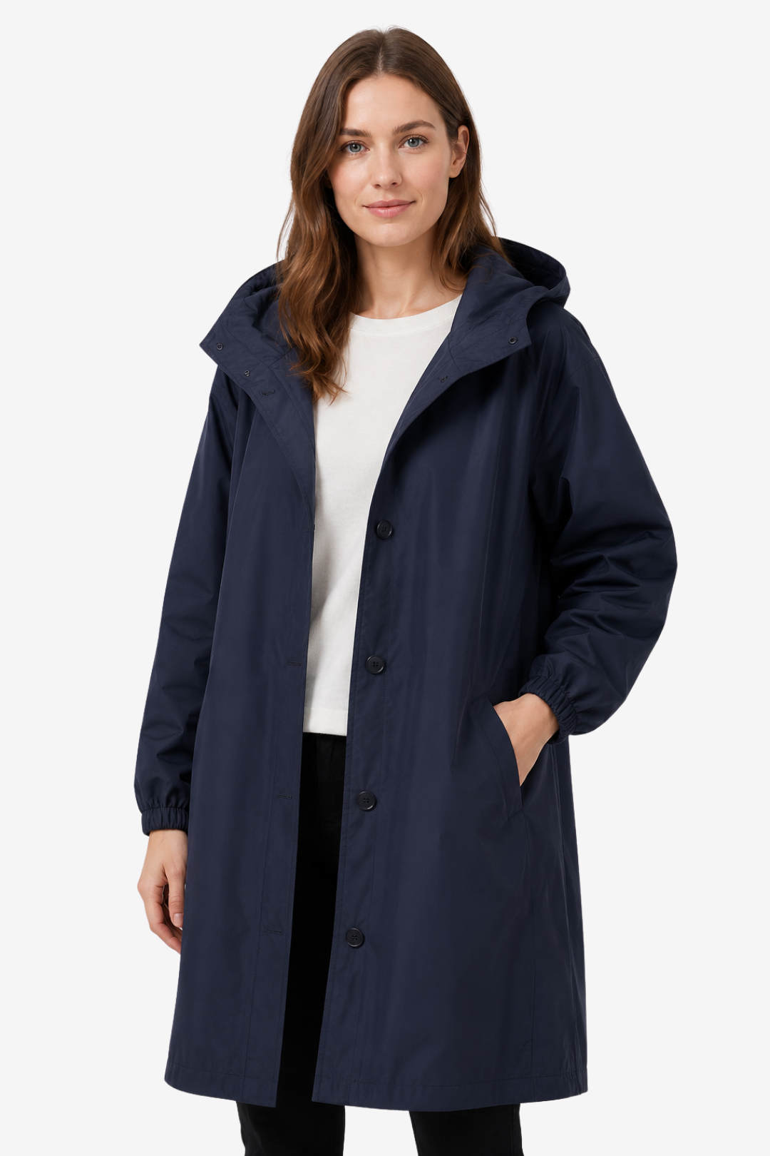 VALERIQUE | Imperméable à capuche pour femme – Coupe longue, boutonnage sur le devant et design décontracté