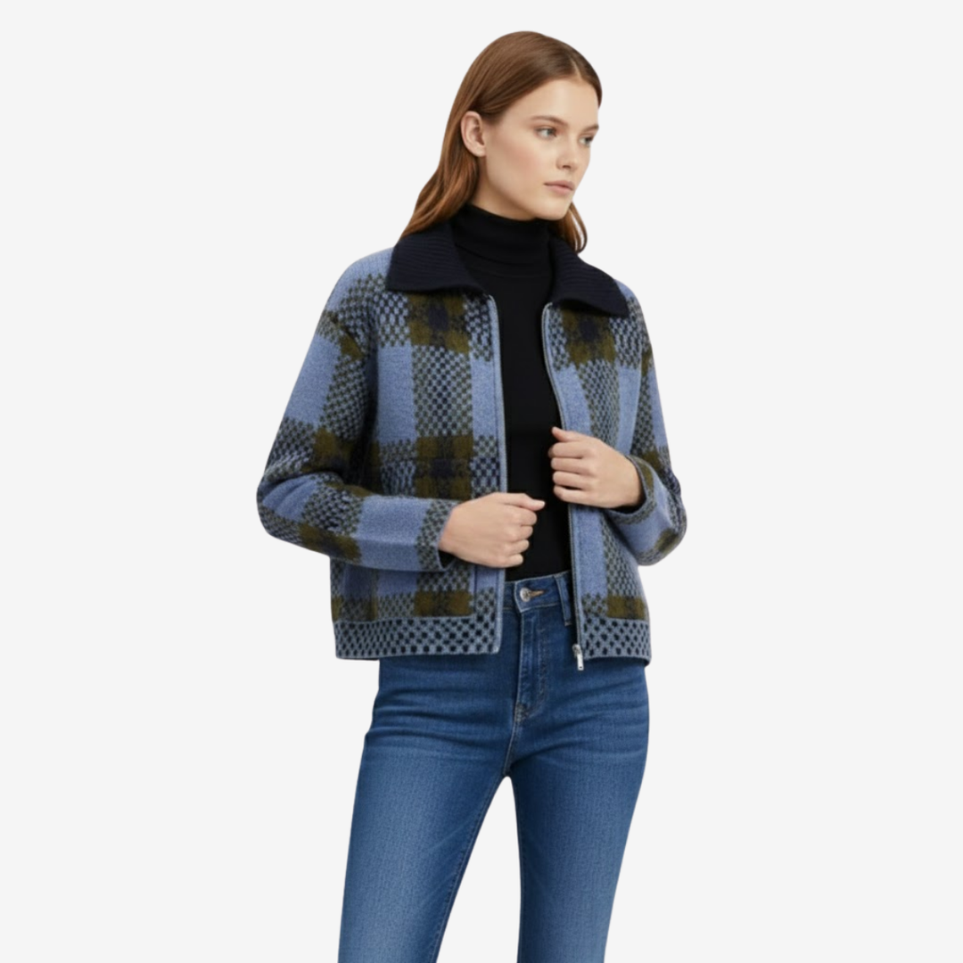 VALERIQUE | Veste Zippée Tricotée à Carreaux pour Femme – Col Revers
