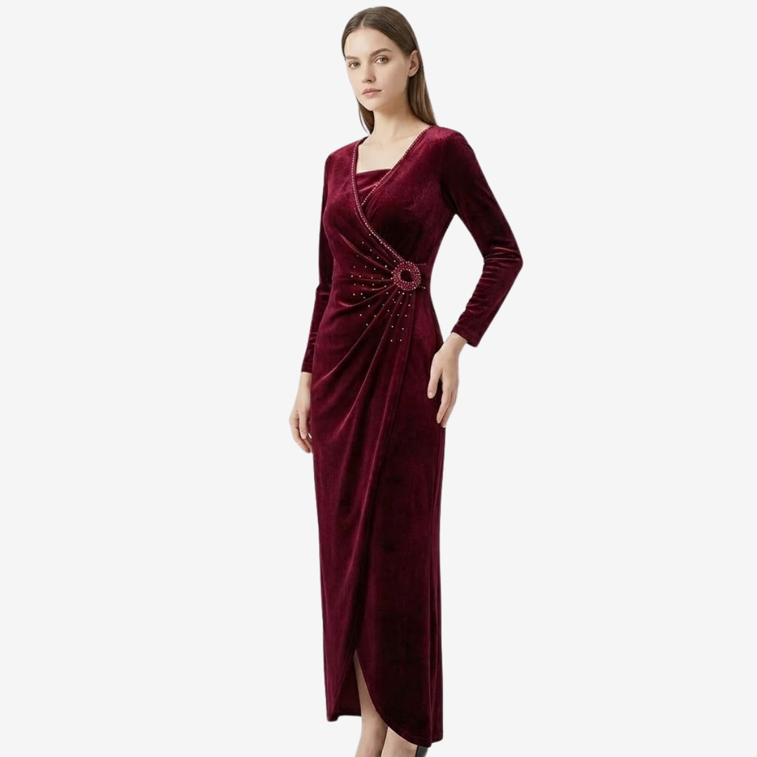 VALERIQUE | Robe Portefeuille Drapée en Velours pour Femme – Élégance Lumineuse