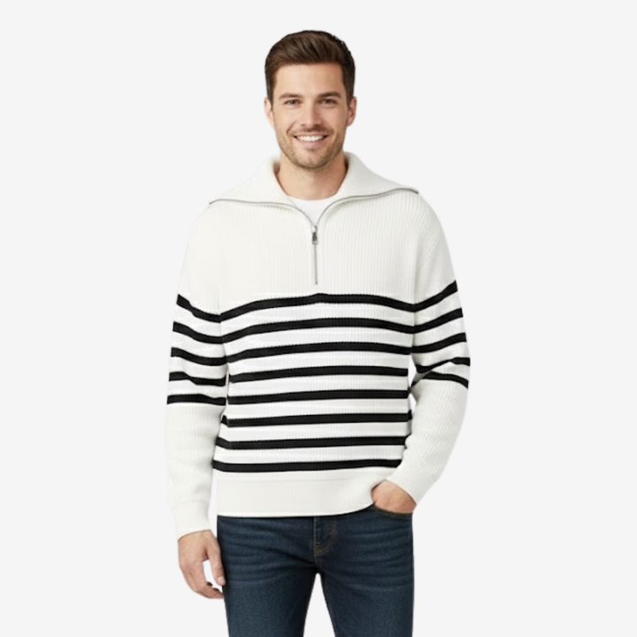 VALERIQUE | Pull Zippé en Coton Rayé pour Homme – Style Intemporel
