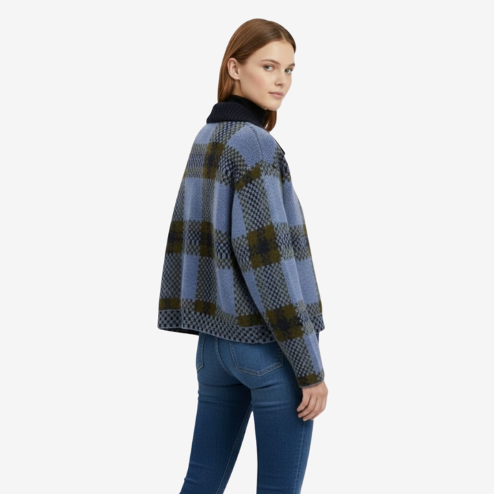 VALERIQUE | Veste Zippée Tricotée à Carreaux pour Femme – Col Revers