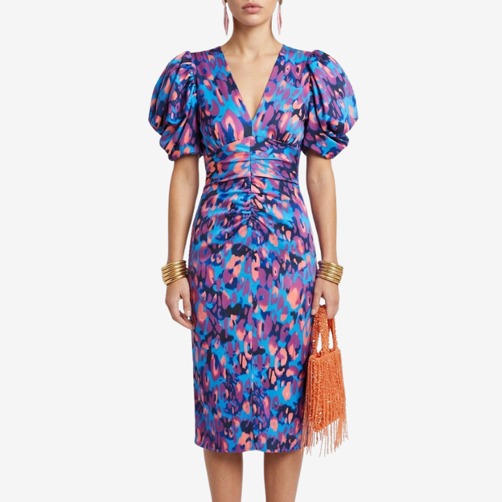 VALERIQUE | Robe Midi en Coton Léger Imprimé pour Femme – Manches Plissées