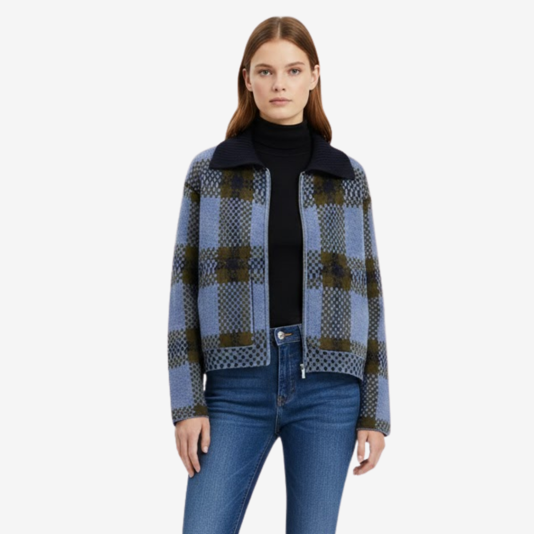 VALERIQUE | Veste Zippée Tricotée à Carreaux pour Femme – Col Revers