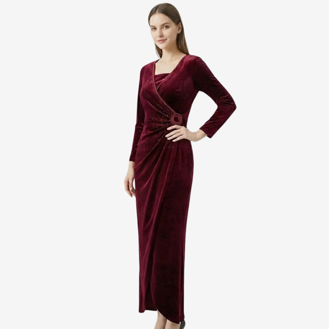 VALERIQUE | Robe Portefeuille Drapée en Velours pour Femme – Élégance Lumineuse