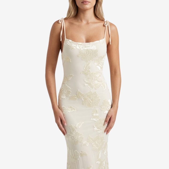 VALERIQUE | Robe Longue Ajustée à Fleurs en Coton Léger pour Femme – Bretelles à Nouer