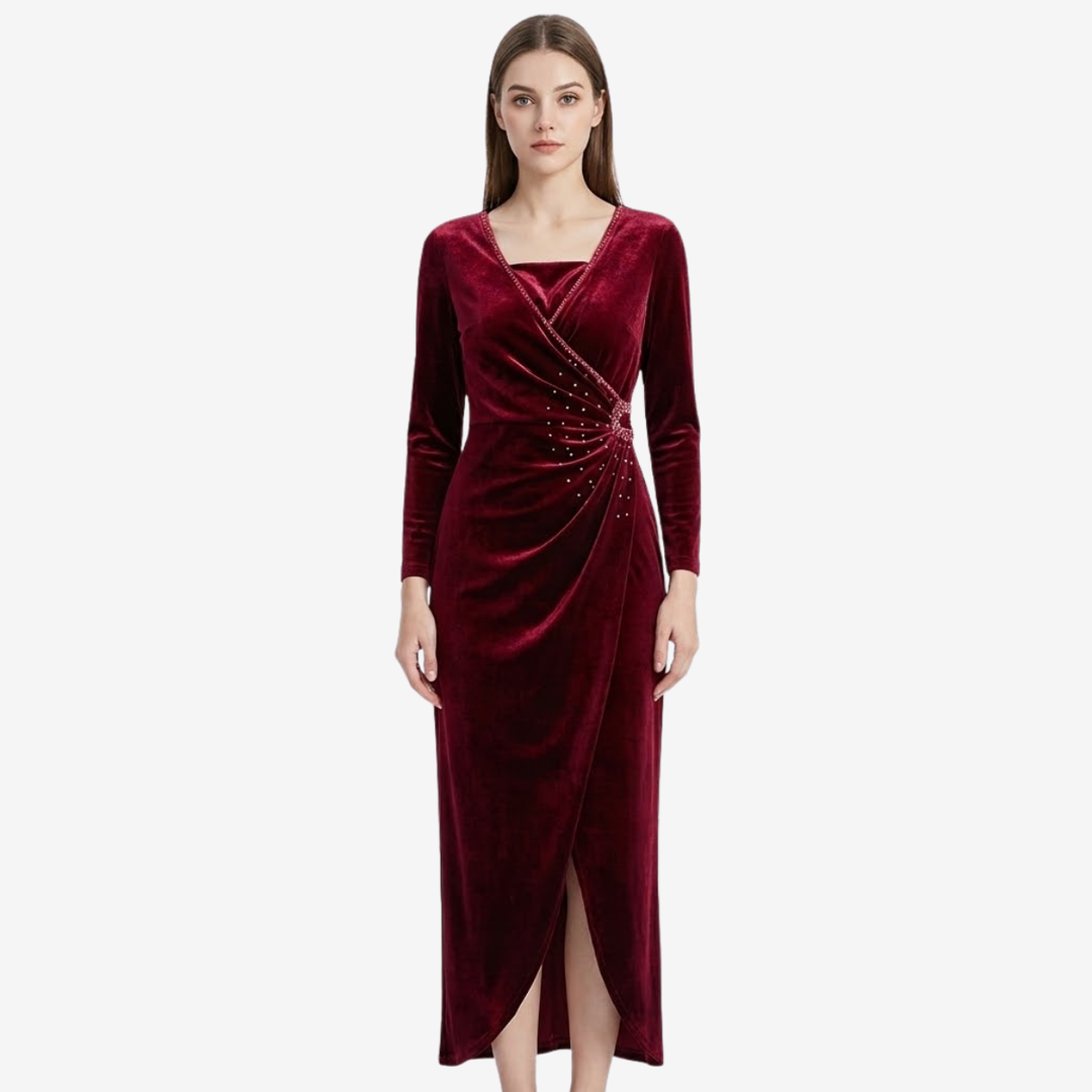 VALERIQUE | Robe Portefeuille Drapée en Velours pour Femme – Élégance Lumineuse