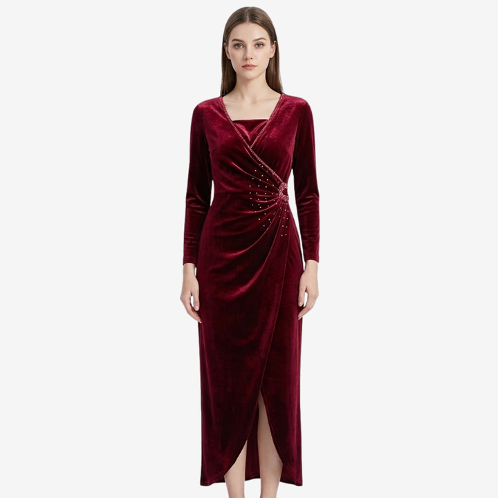 VALERIQUE | Robe Portefeuille Drapée en Velours pour Femme – Élégance Lumineuse