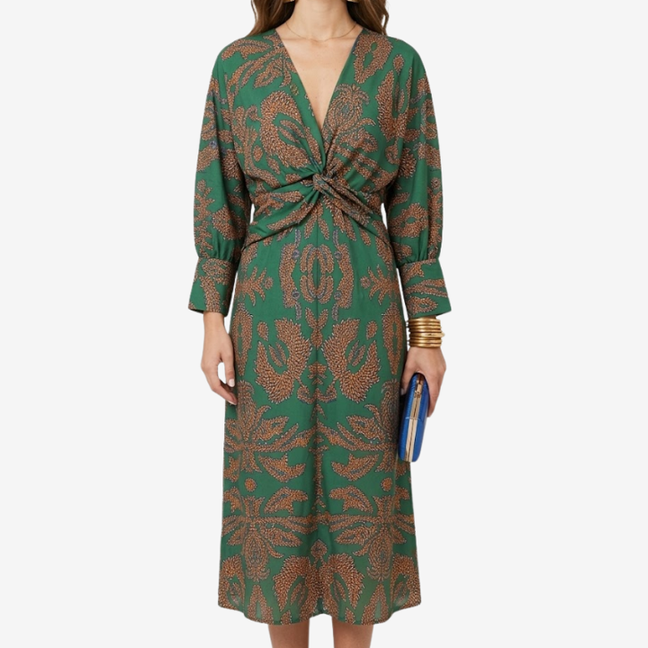 VALERIQUE | Robe Midi Portefeuille en Coton Léger à Imprimé Feuilles pour Femme – Col V
