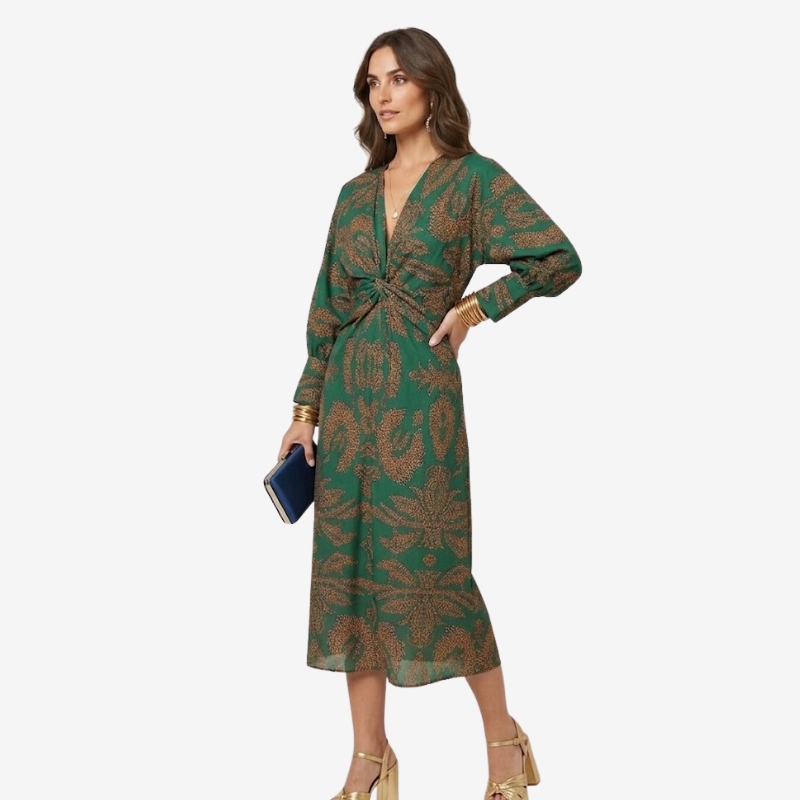 VALERIQUE | Robe Midi Portefeuille en Coton Léger à Imprimé Feuilles pour Femme – Col V