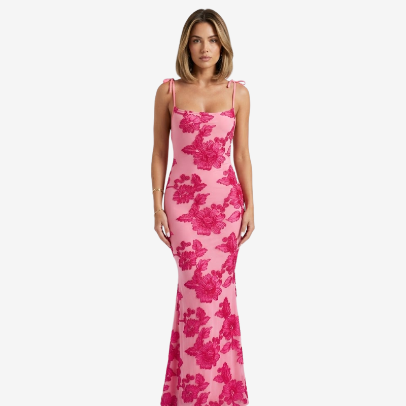 VALERIQUE | Robe Longue Ajustée à Fleurs en Coton Léger pour Femme – Bretelles à Nouer