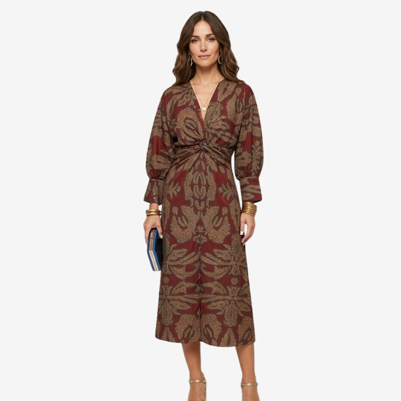 VALERIQUE | Robe Midi Portefeuille en Coton Léger à Imprimé Feuilles pour Femme – Col V