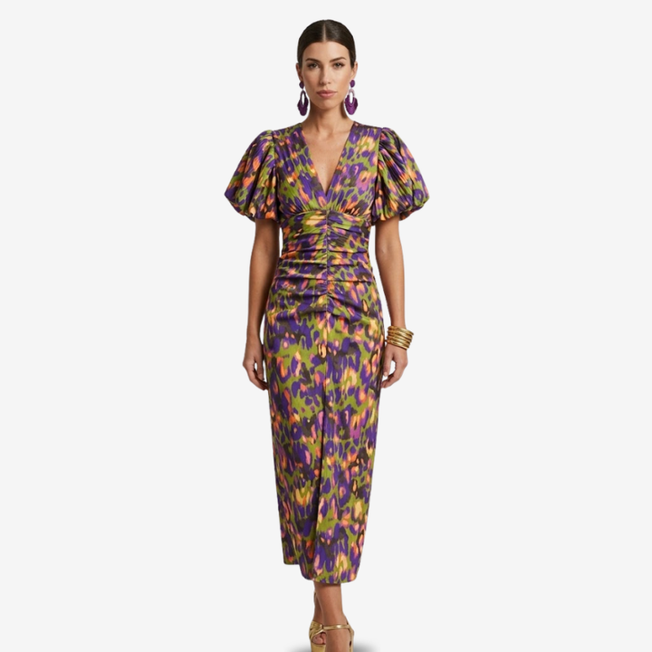 VALERIQUE | Robe Midi en Coton Léger Imprimé pour Femme – Manches Plissées