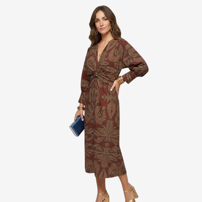 VALERIQUE | Robe Midi Portefeuille en Coton Léger à Imprimé Feuilles pour Femme – Col V
