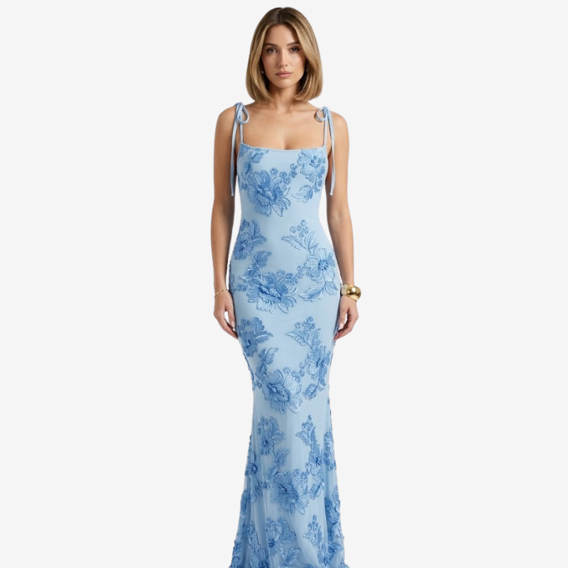 VALERIQUE | Robe Longue Ajustée à Fleurs en Coton Léger pour Femme – Bretelles à Nouer