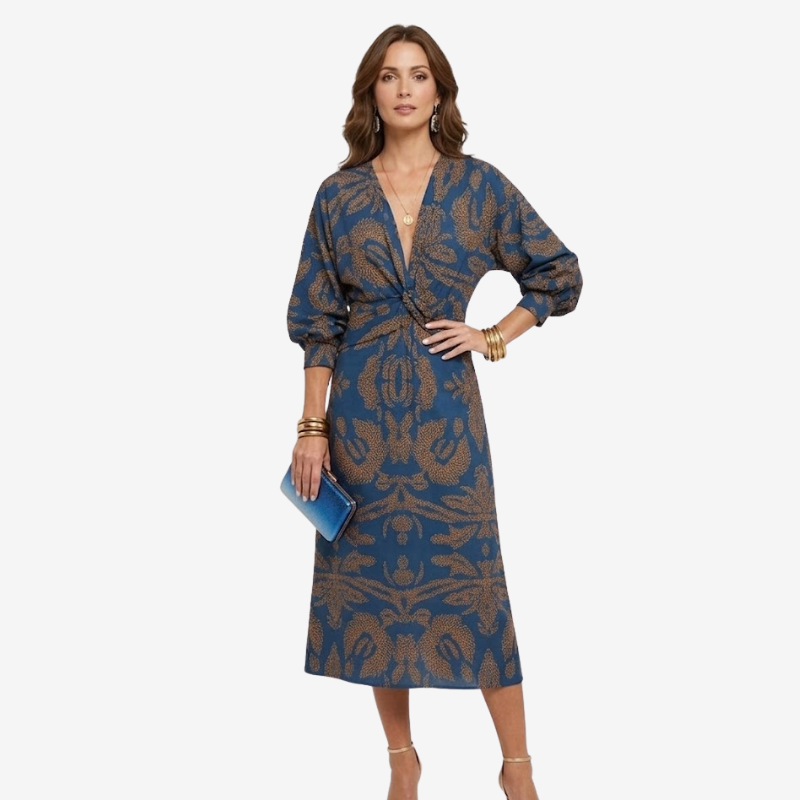 VALERIQUE | Robe Midi Portefeuille en Coton Léger à Imprimé Feuilles pour Femme – Col V