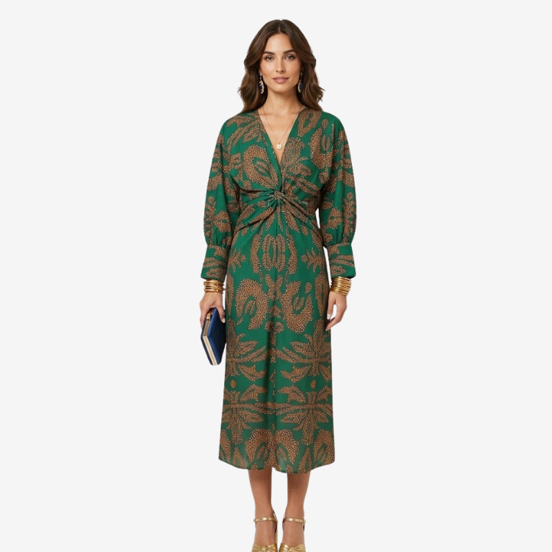VALERIQUE | Robe Midi Portefeuille en Coton Léger à Imprimé Feuilles pour Femme – Col V