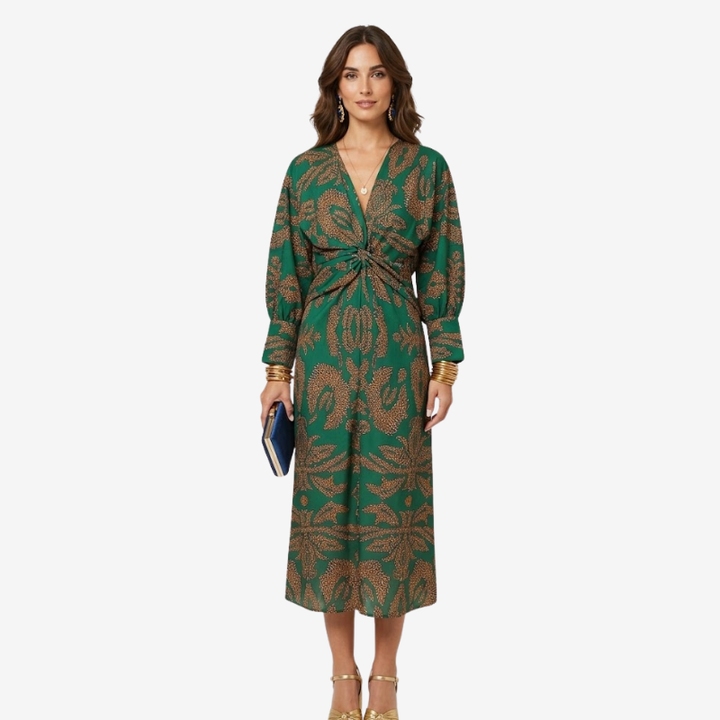 VALERIQUE | Robe Midi Portefeuille en Coton Léger à Imprimé Feuilles pour Femme – Col V