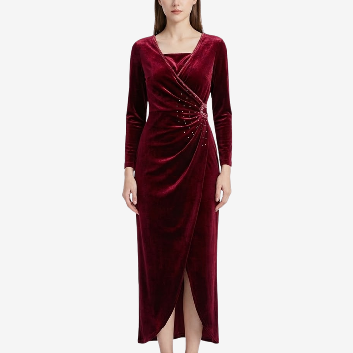 VALERIQUE | Robe Portefeuille Drapée en Velours pour Femme – Élégance Lumineuse
