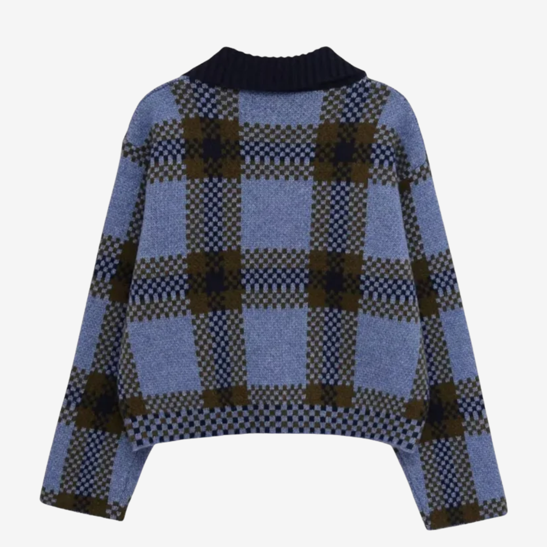 VALERIQUE | Veste Zippée Tricotée à Carreaux pour Femme – Col Revers