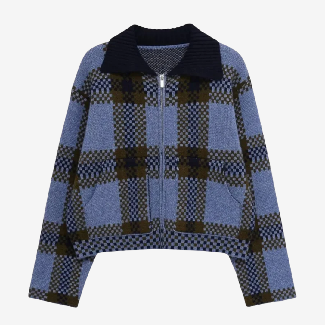 VALERIQUE | Veste Zippée Tricotée à Carreaux pour Femme – Col Revers