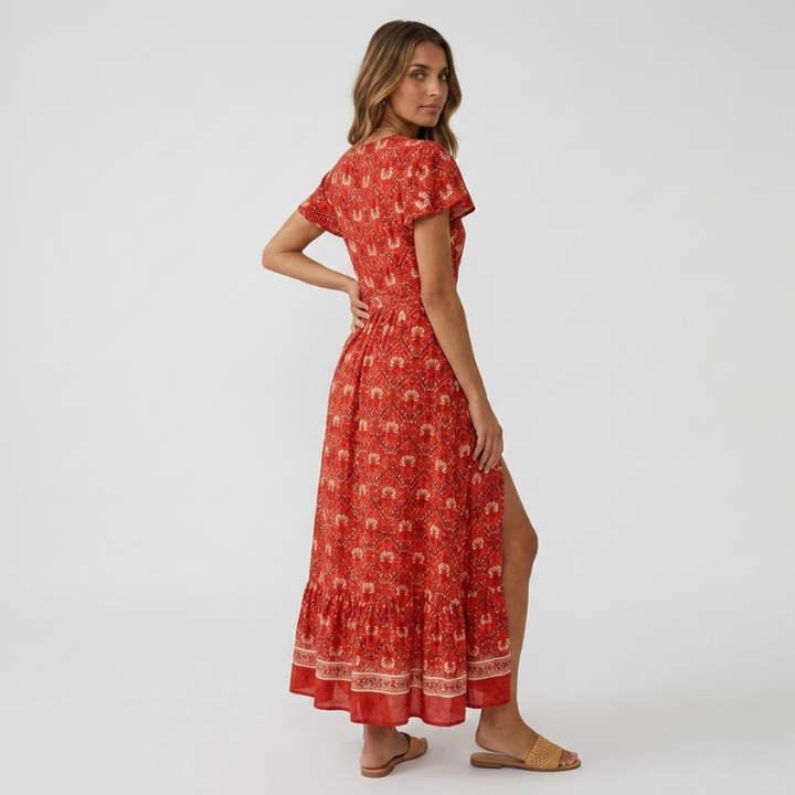VALERIQUE | Robe Bohème Col V pour Femme – Manches Courtes et Fente