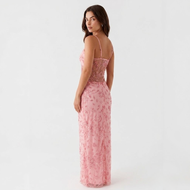 VALERIQUE | Robe Longue Brodée Transparente pour Femme – Bretelles Fines et Coupe Ajustée