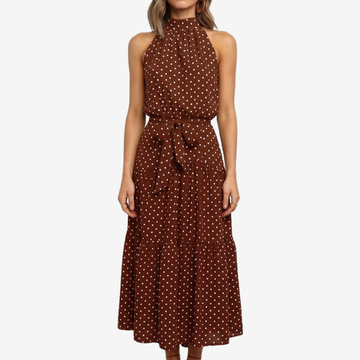 VALERIQUE | Robe Midi à Pois en Coton Léger pour Femme – Col Halter et Taille Ajustable