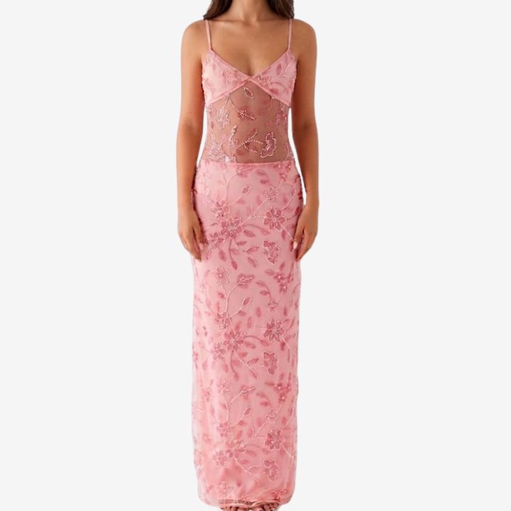 VALERIQUE | Robe Longue Brodée Transparente pour Femme – Bretelles Fines et Coupe Ajustée