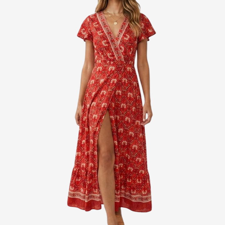 VALERIQUE | Robe Bohème Col V pour Femme – Manches Courtes et Fente